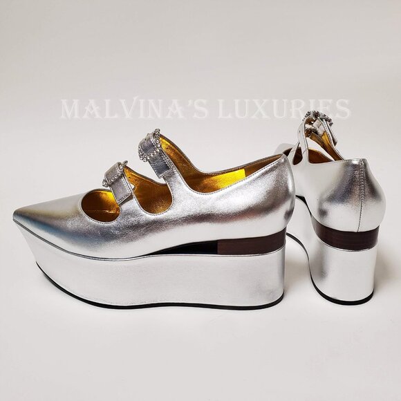 GUCCI SHOES SILVER LEATHER CUT OUT WEDGE PUMP CRYSTAL BUCKLES - Picture 9 of 13
